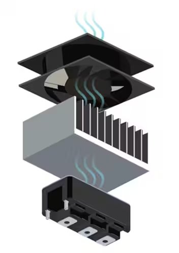 This image shows an exploded diagram of an electronic cooling system, featuring a fan, a heatsink, and a power module. The components are arranged vertically, illustrating airflow from the fan through the heatsink to the electronic module below. Blue lines represent the movement of air.