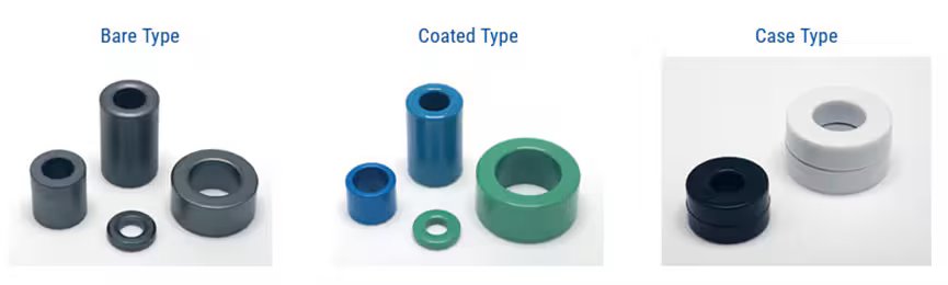 Three groups of cylindrical components labeled as Bare Type, Coated Type, and Case Type. Each group features different colored rings and cylinders, including blue, green, black, and white.