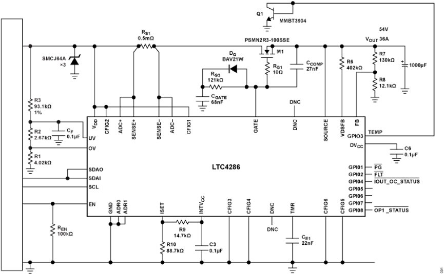 A detailed electronic circuit schematic is displayed in white lines on a black background. The diagram centers on a large integrated controller block labeled with multiple pins and connections. Surrounding components include resistors, capacitors, diodes, and transistors arranged in various subcircuits. Technical labels and reference designators are visible throughout, giving the image a precise engineering and blueprint-like appearance.