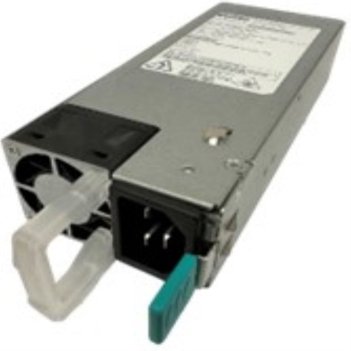 Rectangular metal power supply module shown in closeup on a white background. The unit features a black cooling fan at the rear with a clear plastic handle for insertion and removal. A teal pull tab and standard power connector are visible, emphasizing its hot-swappable server or network equipment design. The overall appearance is industrial and functional, with a neutral metallic color palette.