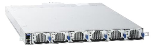 A slim rackmount server chassis is shown from a front angle, highlighting its metal construction. The front panel features multiple perforated fan modules arranged in a row for efficient airflow. Blue latches and visible ports on the left side suggest hot-swappable components and network connectivity. The clean, minimal background emphasizes the hardware design and industrial aesthetic.