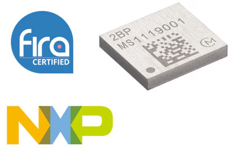 A compact NXP semiconductor module is displayed alongside a Fira Certified badge. The module features visible text including '2BP' and 'MS1119001' as well as a QR code. The setting is a clean, white background, emphasizing the product's technical and certified nature. The NXP logo is clearly visible in the lower left corner.