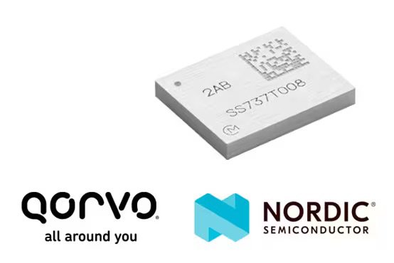 A compact integrated circuit chip is displayed above the Qorvo and Nordic Semiconductor logos. The chip features visible alphanumeric codes including '2AB' and 'SS737T008' on its surface. The setting is a clean, white background, emphasizing the technology and partnership between the two companies. The overall visual style is modern and minimalistic.