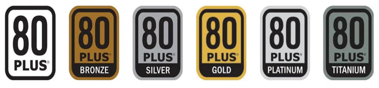 A set of five rectangular badges displays the '80 PLUS' certification for power supply efficiency. Each badge is labeled with a different tier: Bronze, Silver, Gold, Platinum, and Titanium, with corresponding color schemes.