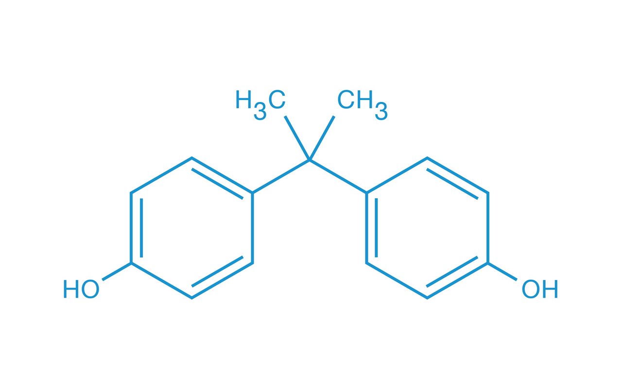 This image displays a chemical structure featuring two benzene rings, each with a hydroxyl group (OH) attached. The rings are connected by a central carbon with two methyl groups (CH3) attached. The diagram is rendered in blue lines on a white background, with chemical groups and bonds clearly labeled.