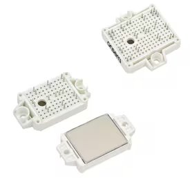 Three rectangular electronic power modules are displayed against a white background. The modules feature a white plastic casing with multiple metal pins on one side and a metallic plate on the other.