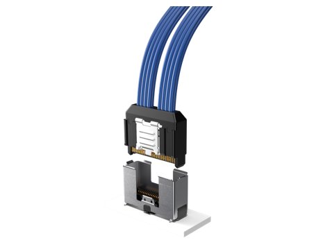 Technical illustration of a high speed cable connector assembly with multiple blue wires. The upper connector housing is shown separated from the lower socket, revealing fine contact pins. The image is set against a clean white background, emphasizing the mechanical and electronic details. It highlights precision engineering for data or power transmission applications.