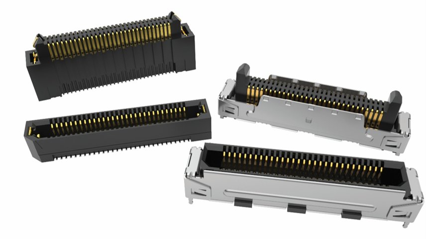 The image shows several rectangular electronic connectors arranged on a white background. Each connector features multiple fine gold-colored contacts housed in black or silver casings. The components appear to be board-to-board or mezzanine connectors used in electronic assemblies. The clean, isolated presentation emphasizes the precision and detail of the metal contacts and housing structures.