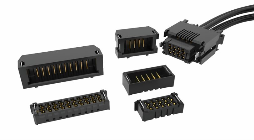 A set of black electronic connectors with exposed gold pins is displayed on a clean white background. The collection includes both cable-mounted and board-mounted connector types arranged in a semi-circle. Each connector features multiple contact pins aligned in rows, emphasizing precision and technical detail. The neutral setting highlights the components’ design and suitability for electronic or industrial applications.