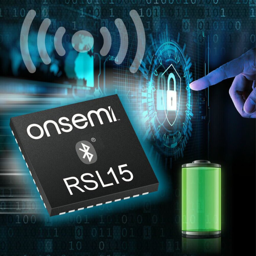 A black RSL15 Bluetooth chip from onsemi is featured prominently against a digital technology background. A glowing battery icon suggests low power consumption and energy efficiency. In the background, a finger touches a virtual interface with a padlock symbol, representing secure wireless connectivity. Binary code and wireless signal graphics emphasize modern IoT and communication technology themes.