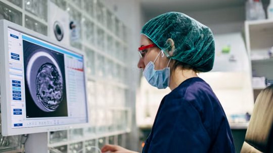 Un professionnel de santé en blouse et calot chirurgical examine une image détaillée d'un scanner cérébral affichée sur un moniteur d'ordinateur.