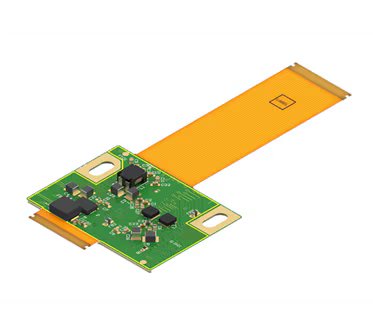 A flexible printed circuit board is shown with various electronic components mounted on a green substrate. The board features an extended orange ribbon cable.