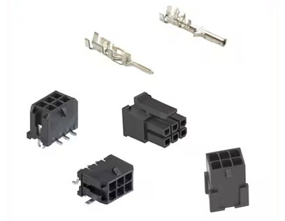 The image displays a set of black plastic electrical connectors alongside several metallic terminal pins. The connectors feature multiple slots and are shown from various angles, highlighting their prongs and socket designs. The metal terminals are positioned above.