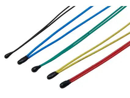 Five thermistor sensor wires in black, blue, green, yellow, and red are arranged diagonally on a white background. Each wire features a black-tipped sensor at one end.