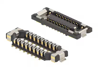 The image shows two small electronic connectors, likely used for board-to-board connections in electronic devices. Both connectors feature multiple gold-plated pins and a compact, rectangular design.