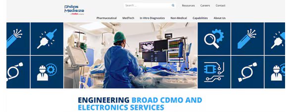 A healthcare worker in scrubs and a cap operates advanced medical equipment in a modern hospital room. Multiple monitors display patient data, and the setting is clean and clinical. The Philips Medisize logo is clearly visible in the top left corner. The interface features blue iconography related to medical technology and engineering.