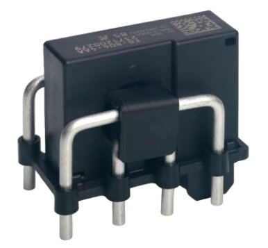 Image of a compact electronic relay or module featuring a rectangular black housing and multiple metal pins. The component is shown isolated on a plain white background, emphasizing its structure and connection points. Curved metal leads extend from the body and are held in place by a black plastic support frame. Fine technical text is visible on the top surface but is too small to read clearly.