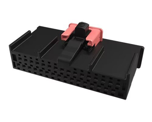 A rectangular black electrical connector is shown with a prominent pink latch clip on top. The connector features multiple pin slots and a secure locking mechanism.