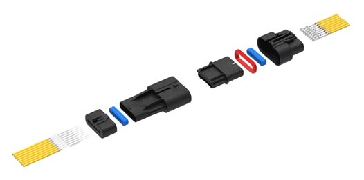 Image shows an exploded view of a multi-part electrical connector system. Black plastic connector housings are aligned in sequence with colored sealing rings and internal components. Yellow insulated wires with exposed metal ends appear on one side, while small metal terminals are arranged on the opposite side. The white background emphasizes the technical details and structure of the connector parts.