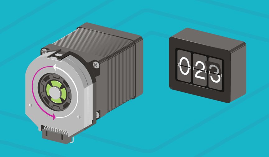 Vector illustration of a stepper motor next to a mechanical number counter. The motor is shown in perspective with visible fins and a circular rotor highlighted in green and gray. Curved arrows around the rotor indicate rotational motion and direction. To the right, a black flip-style counter displays the number 023 on a teal background.