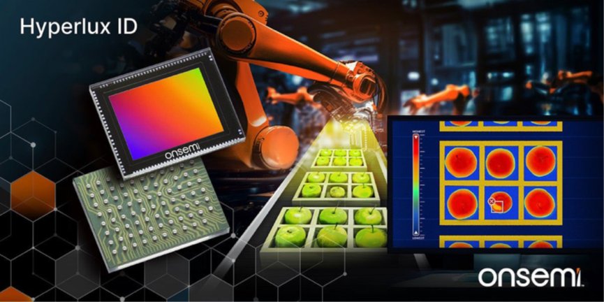 Digital artwork showcases the Hyperlux ID image sensor alongside an automated industrial inspection line. A robotic arm examines green objects on a conveyor while a monitor displays colorful inspection heatmaps and defect detection views. Close-up views of the sensor surface and its vibrant gradient imaging area emphasize advanced semiconductor technology. The onsemi name appears prominently, highlighting the manufacturer in a high-tech, futuristic setting.