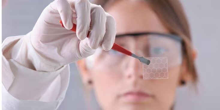 A person wearing a white medical glove holds up a rectangular card towards the camera.
