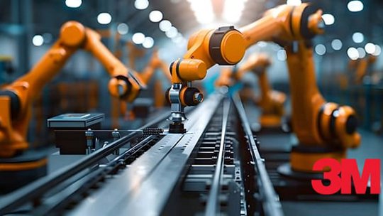 밝게 조명된 산업 시설에서 자동화된 조립 라인에 따라 작업 중인 여러 개의 주황색 로봇 팔. 오른쪽 하단에 3M 로고가 뚜렷이 보입니다.