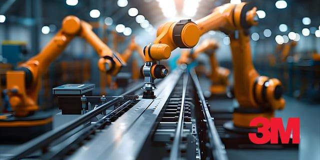 Several orange robotic arms working along an automated assembly line in a brightly lit industrial facility. The 3M logo is clearly visible in the lower right corner.