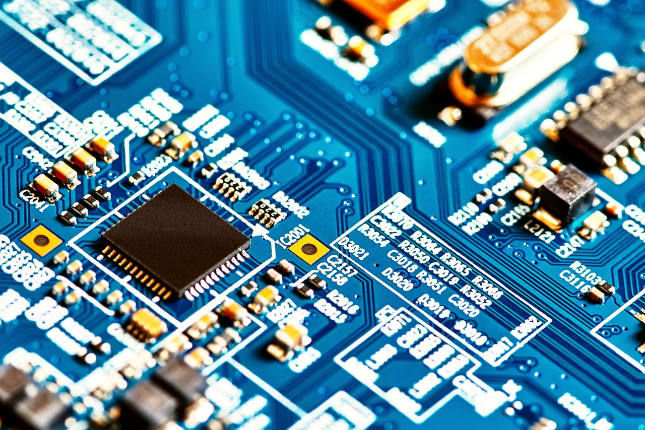 Close-up of a blue electronic circuit board featuring multiple chips, connectors, and two Ethernet ports.