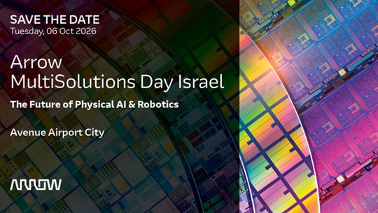 Event invitation graphic for Arrow MultiSolutions Day Israel, scheduled for Tuesday, 05 May 2026 at Avenue Airport City. 