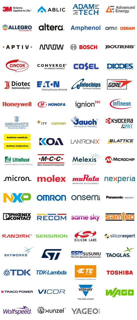 A vertical collage displays numerous logos of electronic component manufacturers. The image features a white background with each logo in its distinct color and style, including names such as 3M, Bosch, Honeywell, and Toshiba. No people or products are visible, only company names and stylized text. The arrangement is clean and organized, suitable for reference or industry presentations.