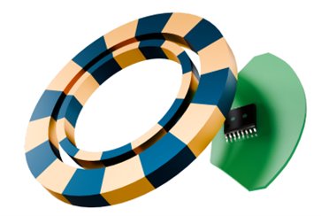 Digital illustration featuring a striped circular ring in beige, blue, and dark teal colors. A green polygonal shape with a small black integrated circuit chip is positioned behind the ring. The composition appears floating on a white background, emphasizing geometric forms and technology elements. The overall style is modern and minimalistic with a clean, abstract aesthetic.