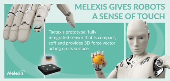 Promotional graphic highlighting Melexis technology that gives robots a sense of touch. A robotic hand and humanoid robot are shown interacting with an orange to illustrate tactile sensing. The Tactaxis prototype sensor appears as a compact black component with a glowing element above it. Text emphasizes a fully integrated sensor that is soft, compact, and provides a 3D force vector acting on its surface.