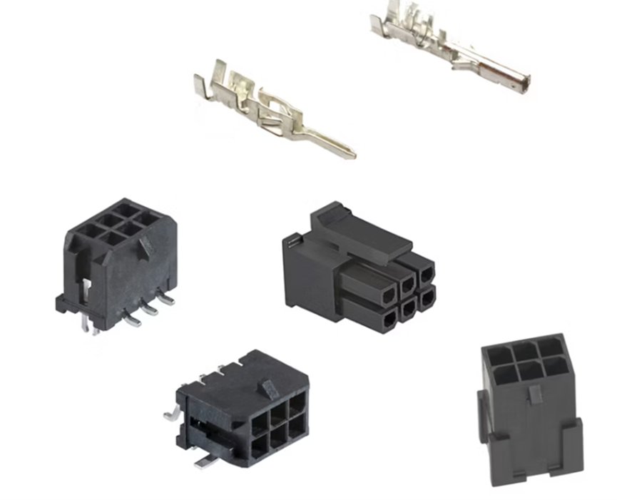 The image shows several small black electrical connector housings and metallic terminals arranged on a white background. Different connector shapes and pin configurations are visible, including multi-pin rectangular sockets. The metal contacts are positioned above the plastic housings, highlighting how they fit together. The clean, isolated layout emphasizes the technical details of each connector component.