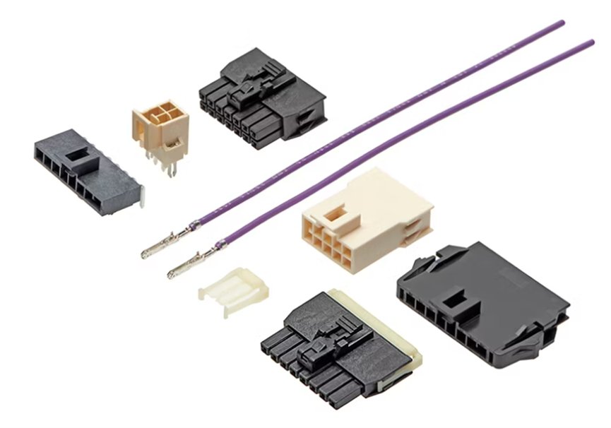 Image of multiple electrical connectors and plastic housings arranged on a white background. The components include black and beige multi-pin connector blocks and two purple insulated wires with metal terminals. The parts appear modular and designed for wiring harness or electronic assembly applications. Clean, isolated presentation emphasizes the shapes, pin layouts, and connection interfaces.