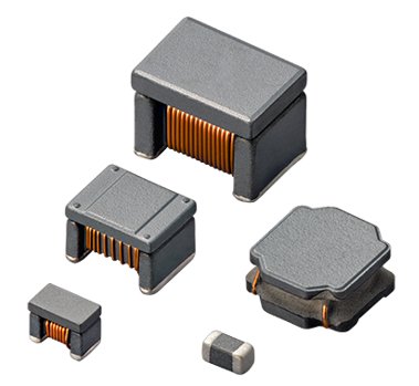 Image shows a group of compact electronic inductors of various shapes and sizes. The components feature gray housings with visible copper windings on some units. They are arranged on a clean white background, emphasizing their form and construction details. The scene suggests small surface-mount and power inductors used in electronic circuit design.