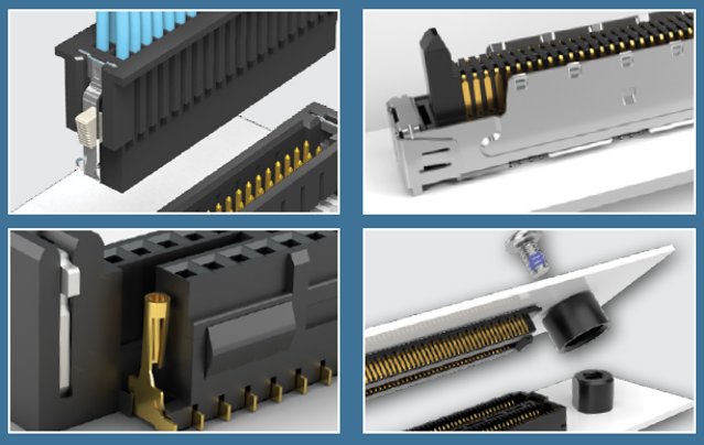 Composite image showing four close-up views of electronic connector components. Each panel highlights different connector housings, contact pins, and mating interfaces in a clean, technical style. The connectors are rendered in neutral colors with gold contacts and gray or black plastic and metal parts. The layout emphasizes engineering detail and mechanical assembly features.