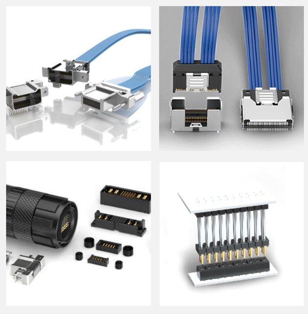 Composite image showing various electronic connectors and cable assemblies on clean white backgrounds. The top images feature blue ribbon cables attached to metal data connectors with fine contact pins. The bottom left shows a cylindrical black connector alongside multiple small gold-contact components. The bottom right displays a vertical pin header with multiple metal pins mounted on a white base, emphasizing precision engineering and connectivity hardware.