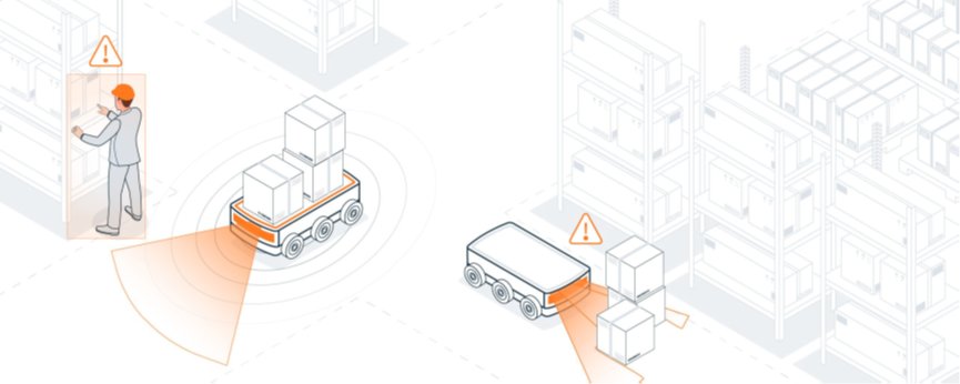 Illustration of an automated warehouse where robots transport stacked boxes between shelving units. A worker wearing a hard hat interacts with a control panel while a nearby robot highlights a safety warning zone. Another robot scans its surroundings as it approaches boxes on the floor, with alert icons indicating potential collision risks. The scene emphasizes sensor-based navigation, workplace safety, and smart logistics in a modern fulfillment center.
