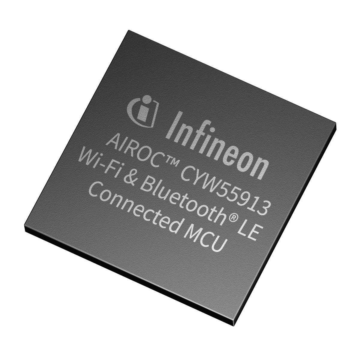 Close-up render of an Infineon AIROC CYW55913 integrated circuit chip. The black square microcontroller unit is shown at an angle on a white background. Text on the chip highlights Wi-Fi and Bluetooth Low Energy connectivity and identifies it as a connected MCU. The clean, monochrome design emphasizes modern semiconductor technology and wireless communication capabilities.