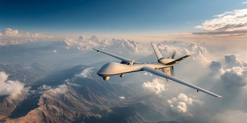 Image de drone militaire dans les airs au-dessus des sommets de montagne