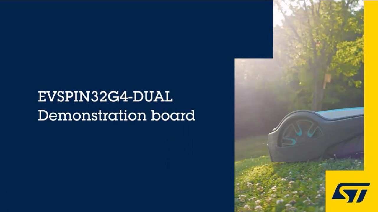 Digital slide featuring the EVSPIN32G4-DUAL demonstration board title on a dark blue background. 