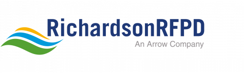 The image shows the Richardson RFPD wordmark in bold blue text. To the left of the text are three stylized wave shapes in blue, green, and orange, creating a dynamic visual accent. Below the main name, a smaller gray tagline reads "An Arrow Company." The overall design is clean and professional, suitable for corporate and digital use.