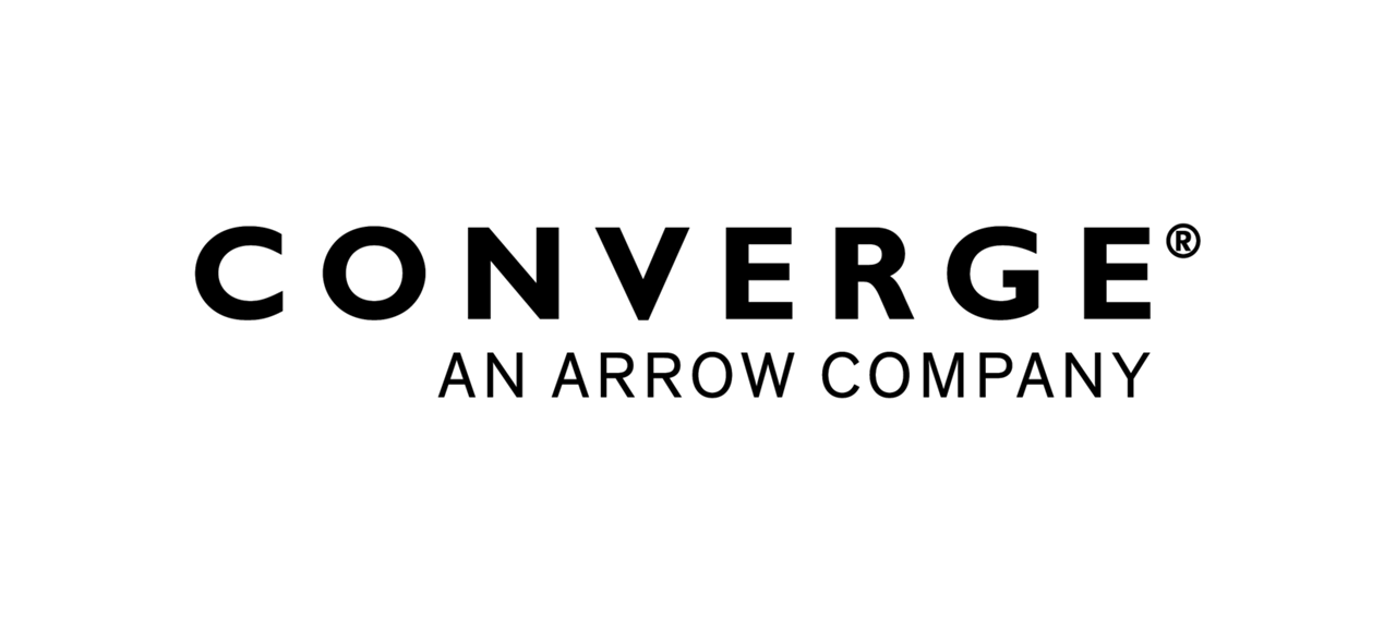 Black text spelling CONVERGE with a registered trademark symbol appears centered on a transparent checkerboard background. Below the main wordmark, the phrase AN ARROW COMPANY is displayed in smaller capital letters. The design is simple and monochrome, emphasizing clean typography. The transparent backdrop suggests use as an overlay or digital asset.