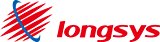 The image features the word "longsys" in bold red lowercase text. To the left of the text is an abstract red striped oval shape intersected by a blue curved swoosh. The background consists of alternating light gray and white vertical rectangles, giving a simple geometric backdrop. The overall design is clean and modern, emphasizing the red typography and dynamic graphic element.