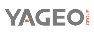 The image features the word "YAGEO" in large gray capital letters centered on a transparent, checkerboard-style background. To the right, the word "GROUP" appears vertically in orange capital letters. A small orange triangle accent is placed beneath the letter "A" in "YAGEO." The overall design is minimalistic, using a gray and orange color palette.