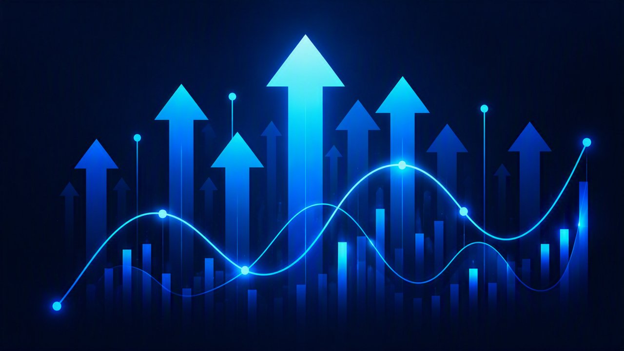 Digital illustration shows multiple glowing arrows pointing upward above a stylized bar chart. A smooth, wavy line graph runs across the scene, suggesting data trends and analytics. The image uses a blue neon color palette on a dark background, creating a modern, futuristic feel. Overall, it conveys growth, progress, and positive performance metrics.