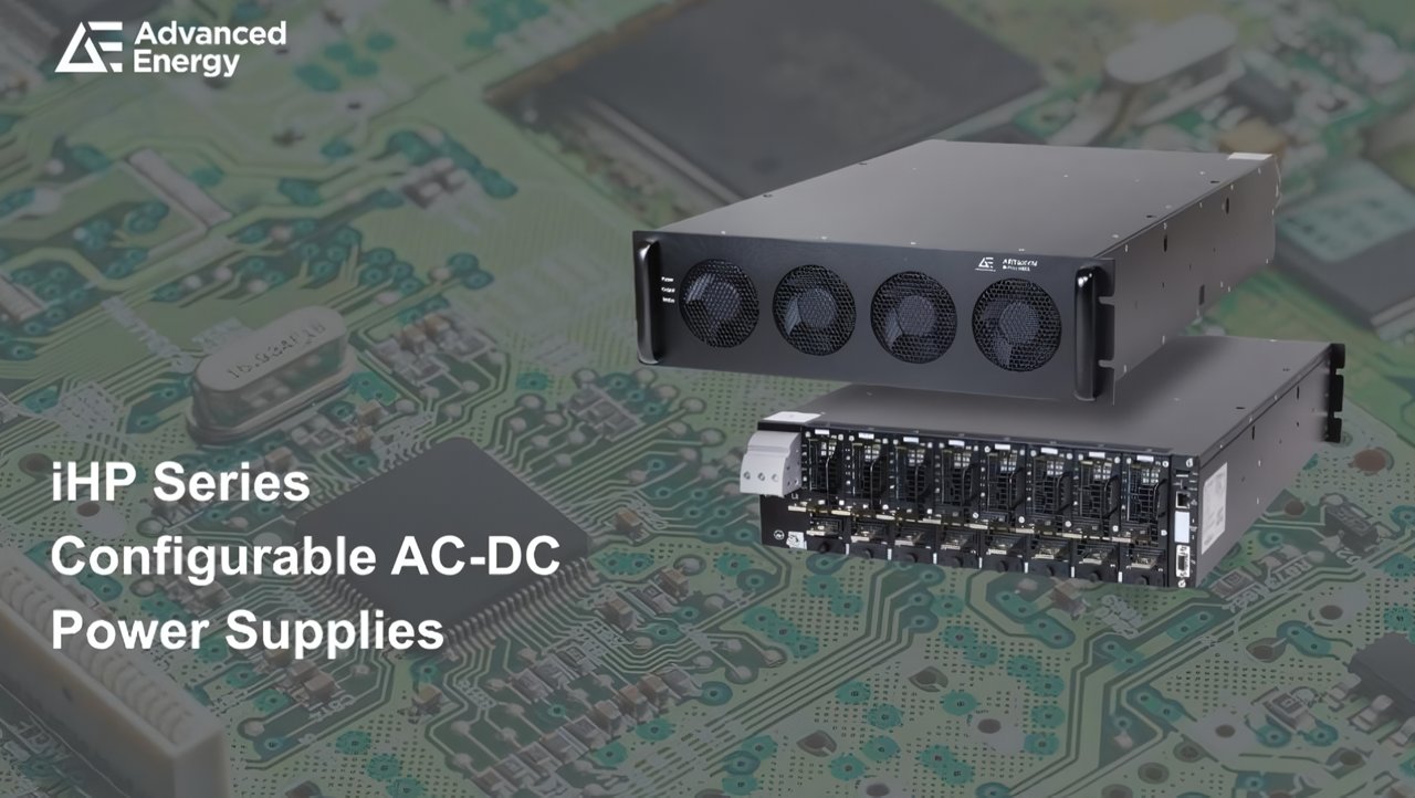 Promotional image showcasing Advanced Energy iHP Series configurable AC-DC power supplies.
