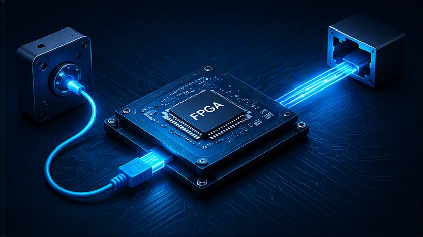A central FPGA chip is shown mounted on a circuit board, highlighted by a bright blue glow. Fiber-like light beams connect the FPGA to a square network port on the right, suggesting high-speed data transfer. On the left, a compact device is linked via a cable, completing the visual of an active digital system. The overall scene uses a futuristic blue palette to emphasize advanced electronics and connectivity.