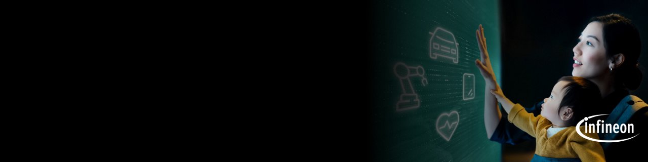 A young child reaches toward a digital display of futuristic icons on a dark teal background.